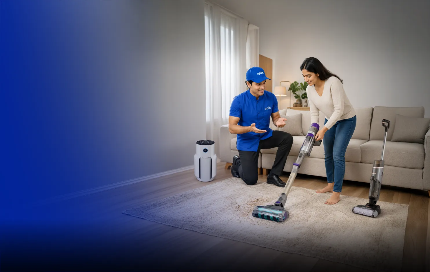 Epik expert demoing a cordless vacuum at home